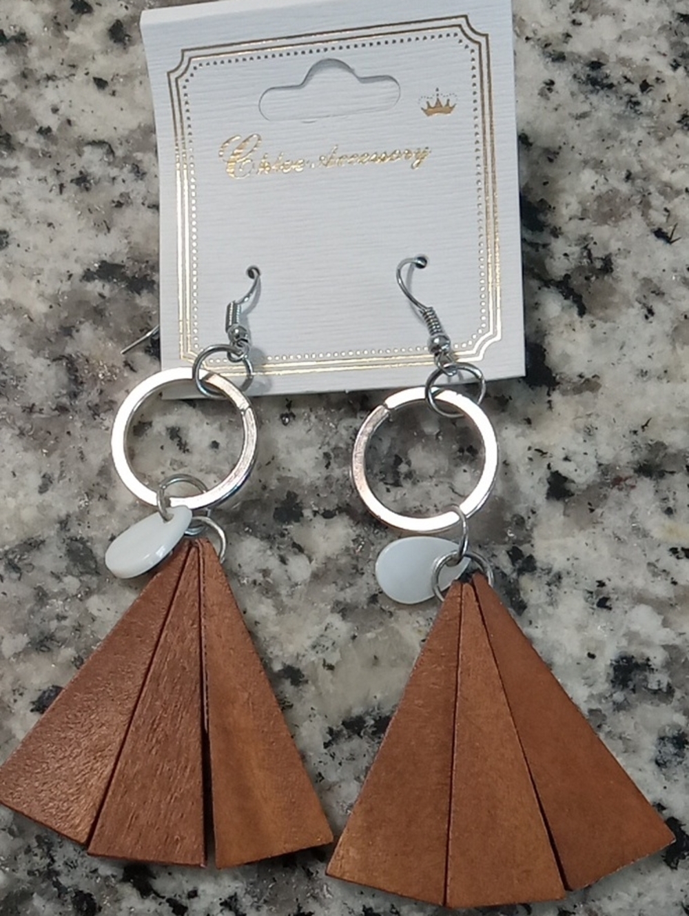 Chloe Brown Wooden Tassel Hoop Drop Earrings with White Accents